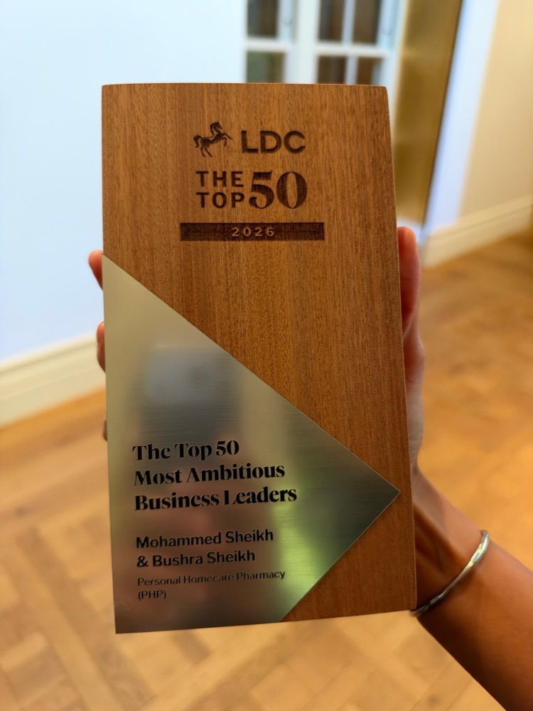 The LDC Top 50 2026 trophy, engraved with Mohammed Sheikh and Bushra Sheikh, Personal Homecare Pharmacy (PHP)