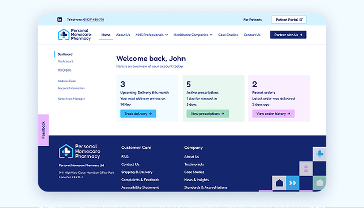 The Personal Homecare Pharmacy patient portal dashboard, showing upcoming deliveries, active prescriptions and recent orders