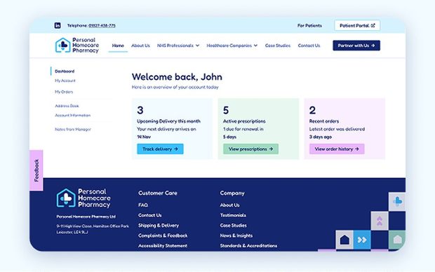 The Personal Homecare Pharmacy patient portal dashboard, showing a patient's upcoming delivery, active prescriptions and recent orders