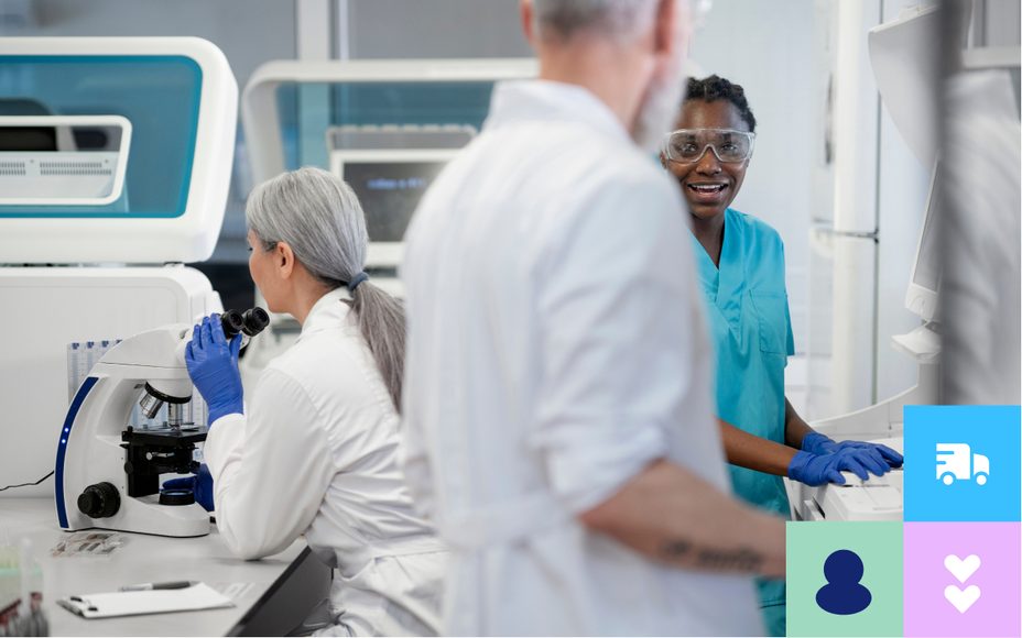 Healthcare research and laboratory team reviewing data